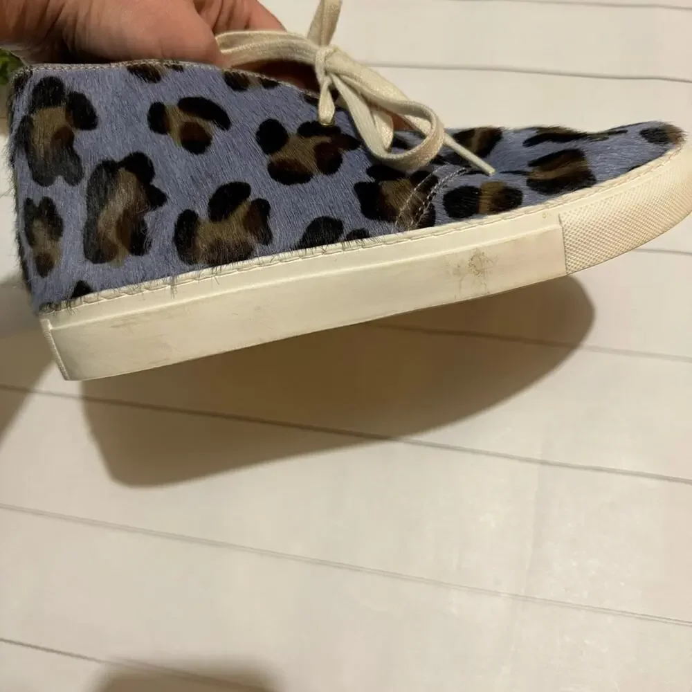 Penelope Childers Blue Leopard Print Leather Calf Hair High Top Sneakers Size 38